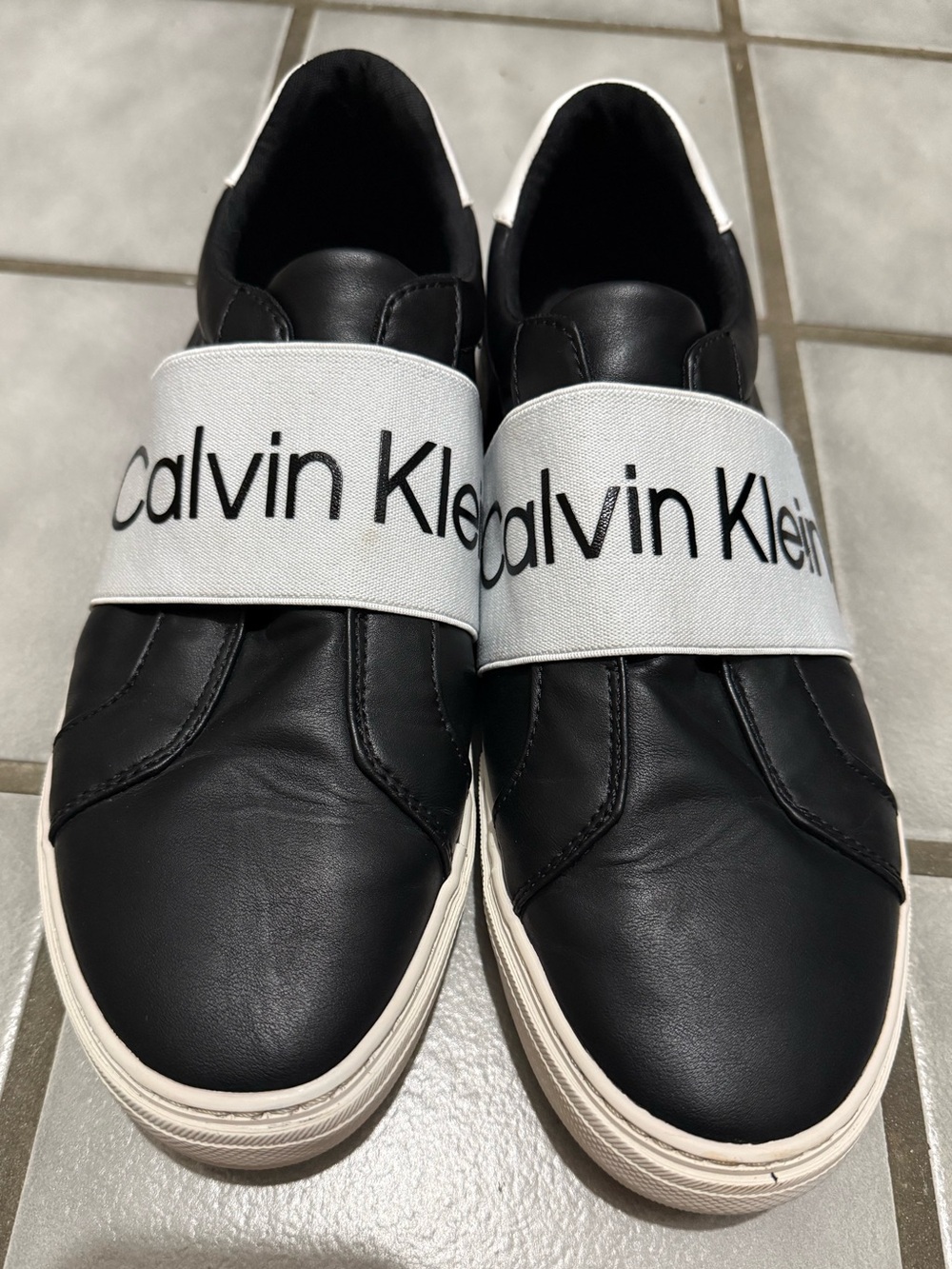 Calvin Klein Black Leather Slip-On Sneakers/White Logo elastic band - (men 10.5)